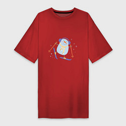 Футболка женская-платье Снеговик катается на лыжах, цвет: красный