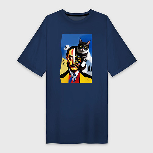 Женская футболка-платье Salvador Dali and his cat / Тёмно-синий – фото 1