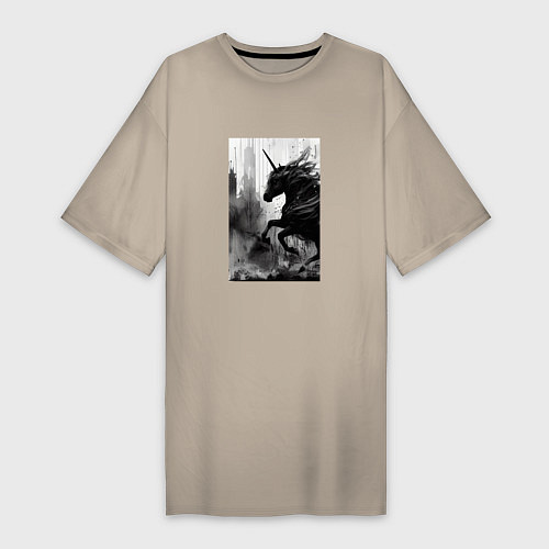 Женская футболка-платье Мрачный единорог / Миндальный – фото 1