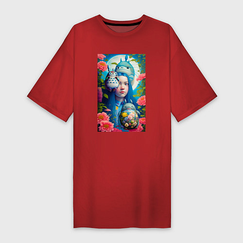 Женская футболка-платье Мой сосед Тоторо - фантазия - нейросеть / Красный – фото 1