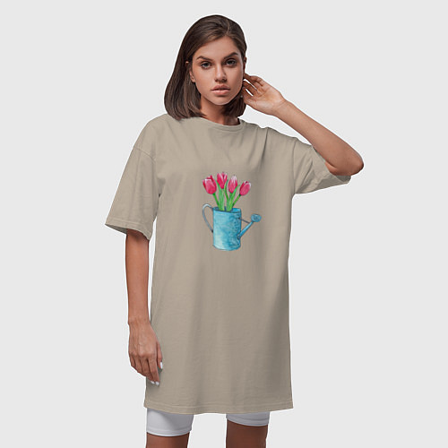 Женская футболка-платье Букет тюльпанов в лейке / Миндальный – фото 3