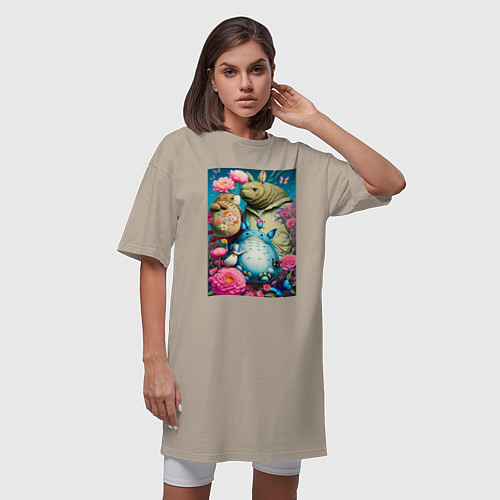 Женская футболка-платье Мой сосед Тоторо - живописная фантазия - нейросеть / Миндальный – фото 3