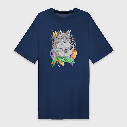 Женская футболка-платье Волк шаман / Тёмно-синий – фото 1
