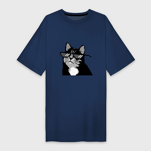 Женская футболка-платье Pixel coot cat in glasses / Тёмно-синий – фото 1