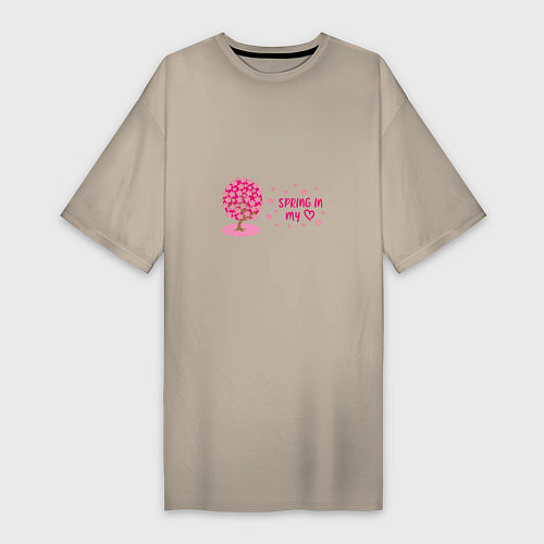 Женская футболка-платье Цветущее вишневое дерево - весна в моем сердце / Миндальный – фото 1