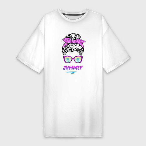 Женская футболка-платье Лето - девушка в розовых солнцезащитных очках / Белый – фото 1