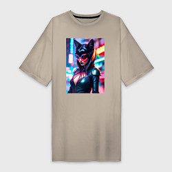 Женская футболка-платье Японская девушка-кошка - киберпанк