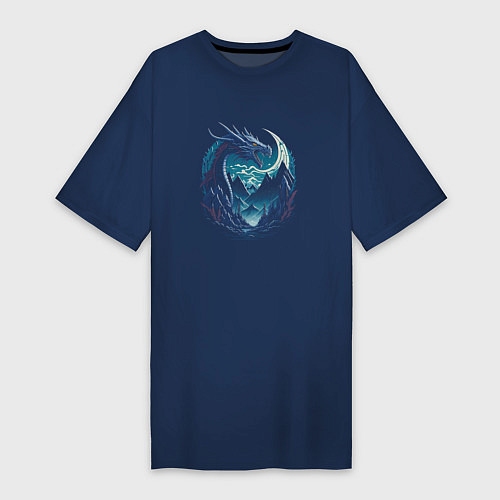 Женская футболка-платье Дракон в горах / Тёмно-синий – фото 1