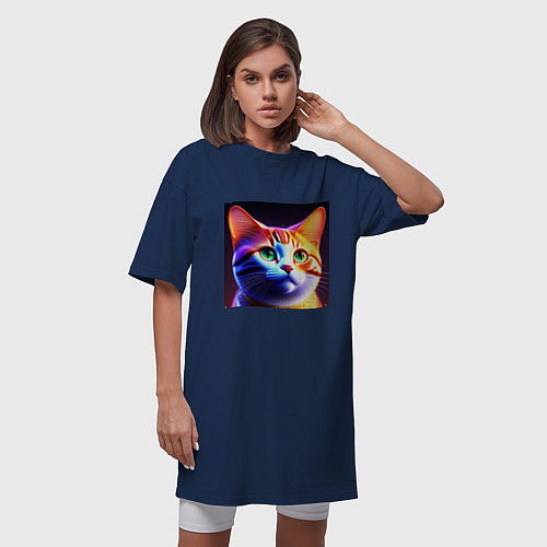 Женская футболка-платье Милый котик с большими глазами / Тёмно-синий – фото 3