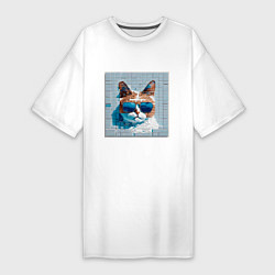 Футболка женская-платье Цифровой кот в темных очках, цвет: белый