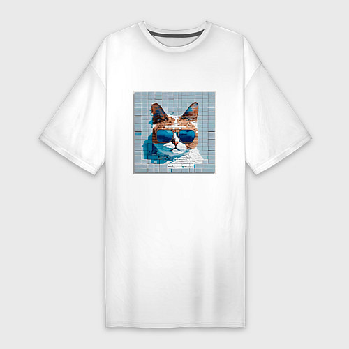 Женская футболка-платье Цифровой кот в темных очках / Белый – фото 1
