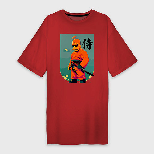 Женская футболка-платье Гомер Симпсон - самурай - нейросеть / Красный – фото 1