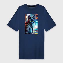 Футболка женская-платье Модный котик на фоне городских огней, цвет: тёмно-синий