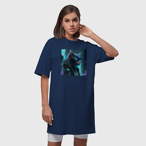 Женская футболка-платье Кот киберпанк - нейросеть / Тёмно-синий – фото 3