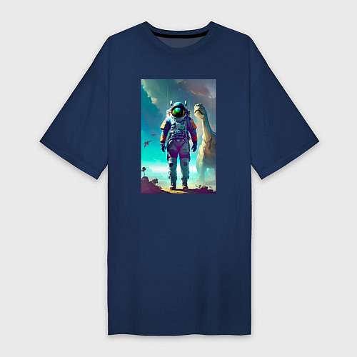 Женская футболка-платье Космонавт на планете динозавров - нейросеть / Тёмно-синий – фото 1