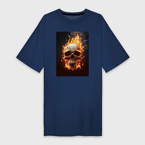 Женская футболка-платье Череп в огне - нейросеть / Тёмно-синий – фото 1