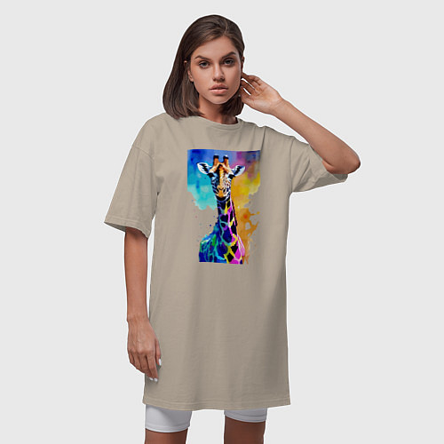 Женская футболка-платье Маленький жирафёнок - Африка - акварель / Миндальный – фото 3