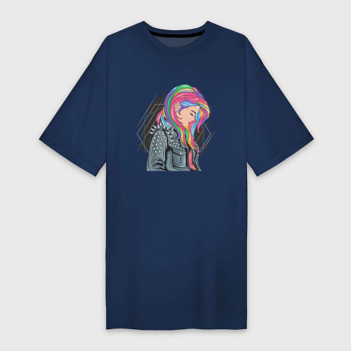 Женская футболка-платье Девушка рокерша с разноцветными волосами / Тёмно-синий – фото 1