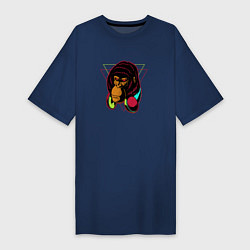 Футболка женская-платье Крутая горилла с наушниками, цвет: тёмно-синий