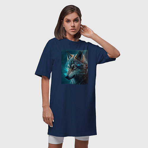 Женская футболка-платье Волк в стиле футуризм - нейросеть / Тёмно-синий – фото 3