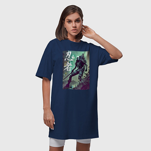 Женская футболка-платье Cyber ninja - neural network - skeleton / Тёмно-синий – фото 3