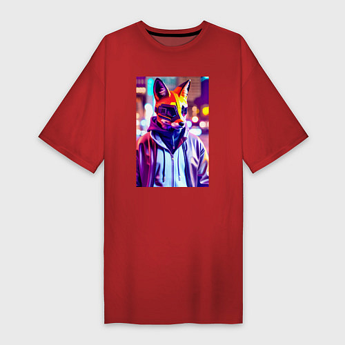Женская футболка-платье Cyber fox - neon - city / Красный – фото 1