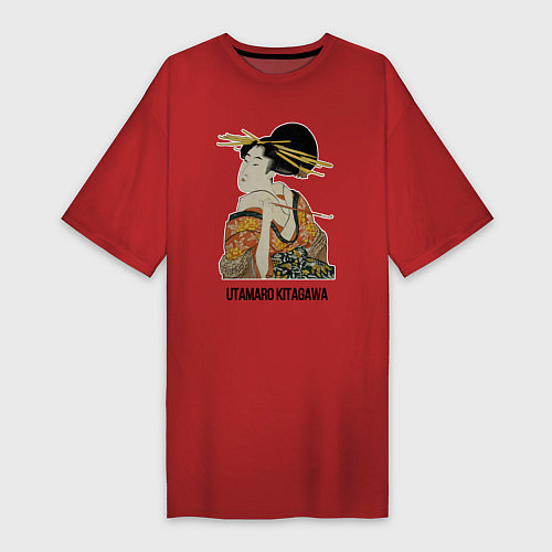 Женская футболка-платье Утамаро Китагава - картина Гейша с трубкой / Красный – фото 1