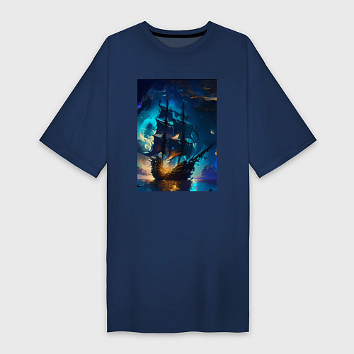 Женская футболка-платье Корабль в ночном море - нейросеть / Тёмно-синий – фото 1