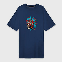 Футболка женская-платье Череп Индейца с перьями, цвет: тёмно-синий
