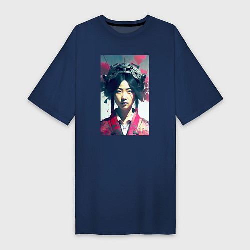 Женская футболка-платье Japanese girl - cyberpunk - neural network / Тёмно-синий – фото 1