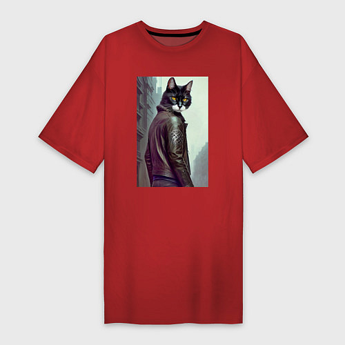 Женская футболка-платье Модный котяра - Лондон - нейросеть / Красный – фото 1