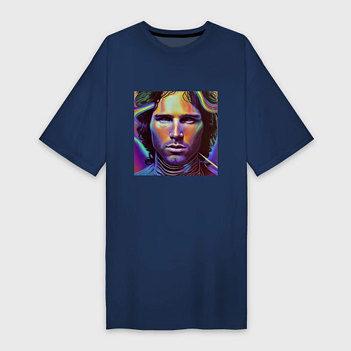 Женская футболка-платье Jim Morrison neon portrait art / Тёмно-синий – фото 1