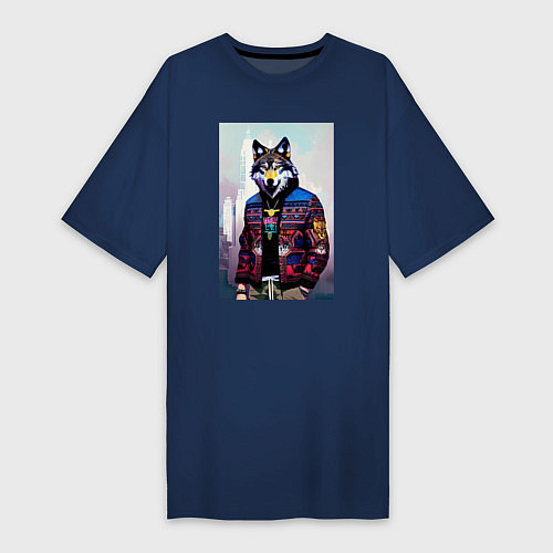 Женская футболка-платье Модный волчара - житель Нью-Йорка - нейросеть / Тёмно-синий – фото 1