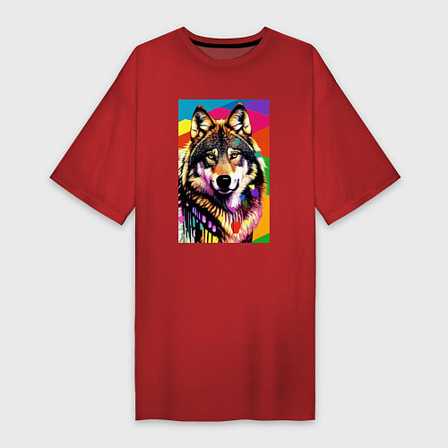 Женская футболка-платье Красочный волк - поп-арт - нейросеть / Красный – фото 1
