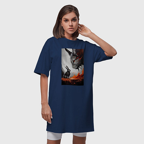 Женская футболка-платье Rabbit vs devil - neural network / Тёмно-синий – фото 3