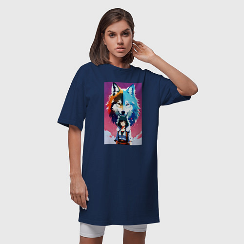 Женская футболка-платье Cute girl and wolf - anime - neural network / Тёмно-синий – фото 3
