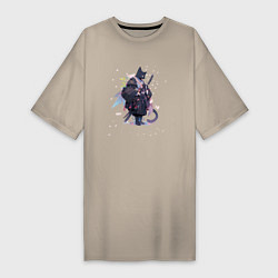 Женская футболка-платье Кот самурай и сакура