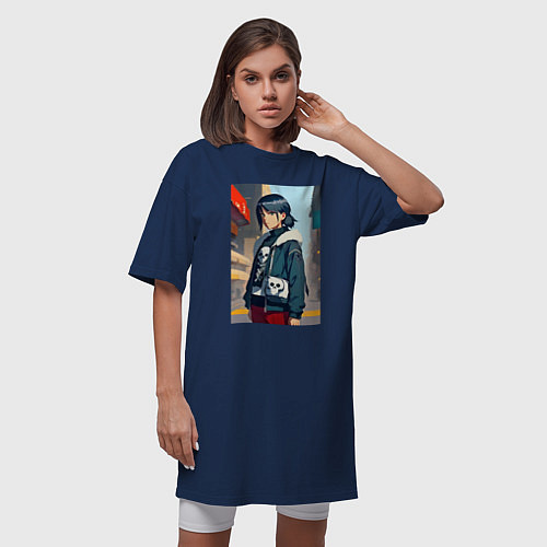 Женская футболка-платье Крутая девчонка в большом городе - аниме / Тёмно-синий – фото 3