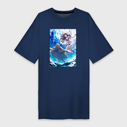 Футболка женская-платье Фука с черепахой - Акватоп белого песка, цвет: тёмно-синий