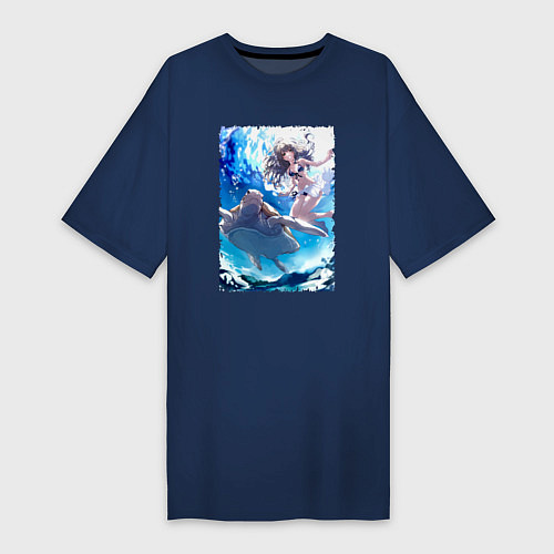 Женская футболка-платье Фука с черепахой - Акватоп белого песка / Тёмно-синий – фото 1