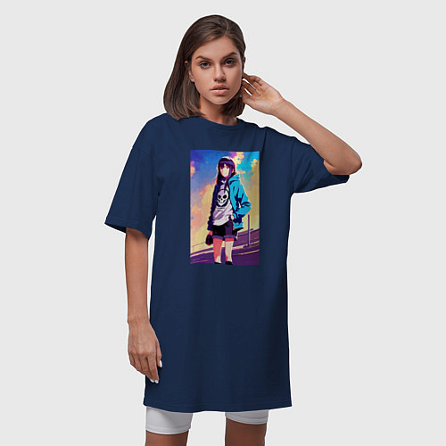 Женская футболка-платье Прикольная девчонка с черепом на футболке - аниме / Тёмно-синий – фото 3