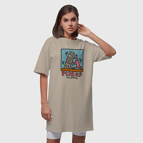 Женская футболка-платье Поп арт Кит Харинг - Пизанская башня / Миндальный – фото 3