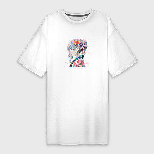 Женская футболка-платье Аниме девушка с цветами в волосах / Белый – фото 1