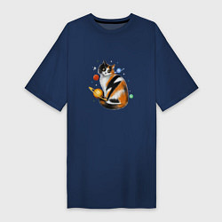 Женская футболка-платье Космическая кошка с планетами и молнией