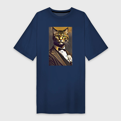 Женская футболка-платье Крутой котяра - джентльмен - нейросеть / Тёмно-синий – фото 1