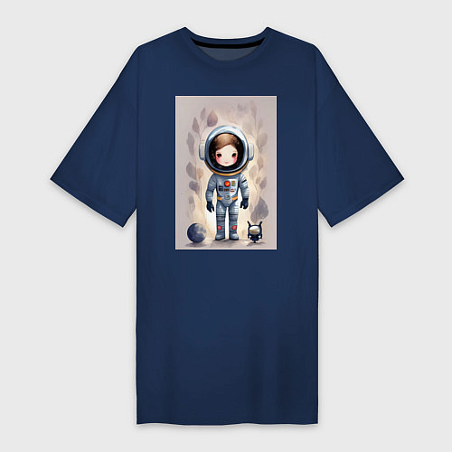 Женская футболка-платье Милый маленький космонавт - нейросеть / Тёмно-синий – фото 1