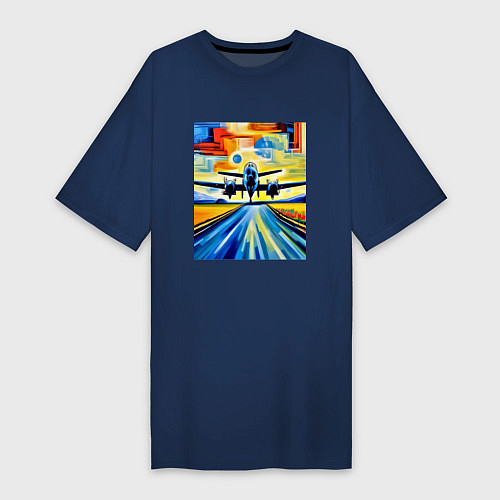 Женская футболка-платье Самолет на взлете / Тёмно-синий – фото 1