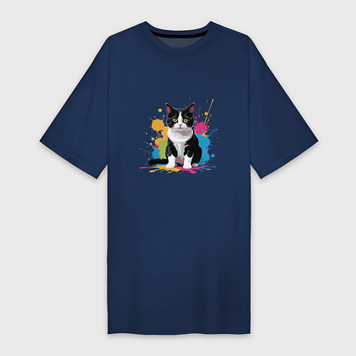 Женская футболка-платье Кот проказник / Тёмно-синий – фото 1