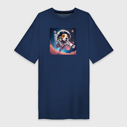 Футболка женская-платье Собака в космосе, цвет: тёмно-синий