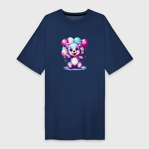 Женская футболка-платье Мишка фиолетовый с шарами / Тёмно-синий – фото 1